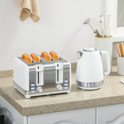 HOMCOM Stainless Steel Kettle and Toaster Set, 1.7L 3000W Rapid Boil Jug Kettle with UK Strix Thermostat, Limescale Filter, 4 Slice Toaster with 7 Browning Controls, Crumb Tray, White and Silver Tone