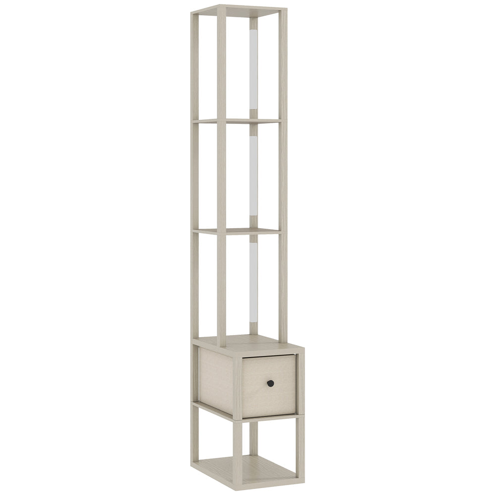 HOMCOM Floor Lamp with Shelves, LED Column Modern Standing Lamp with Fabric Drawer, Adjustable Brightness, Foot Switch for Living Room, Bedroom, Office, Oak
