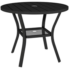Outsunny 90 cm Garden Dining Table with 4-5 cm Parasol Hole, Round Outdoor Dining Table, Steel Garden Table with Slatted Metal Top and Wire Shelf for Balcony, Porch, Black