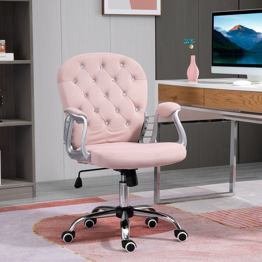 Vinsetto Office Chair Ergonomic 360° Swivel Diamond Tufted Home Work Velour Padded Base 5 Castor Wheels Pink