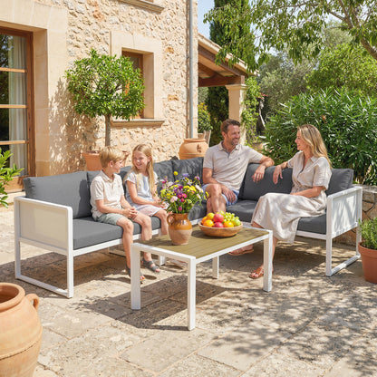 Outsunny 6 Seater Metal Garden Furniture Corner Sofa Set with 3 Loveseats, Faux Wood Table, Texteline Seat, Cushions, White