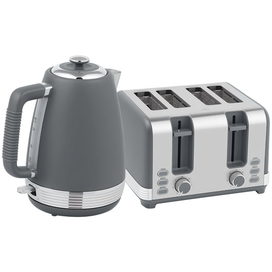 HOMCOM Stainless Steel Kettle and Toaster Set, 1.7L 3000W Rapid Boil Jug Kettle with UK Strix Thermostat, Limescale Filter, 4 Slice Toaster with 7 Browning Controls, Crumb Tray, Grey and Silver Tone