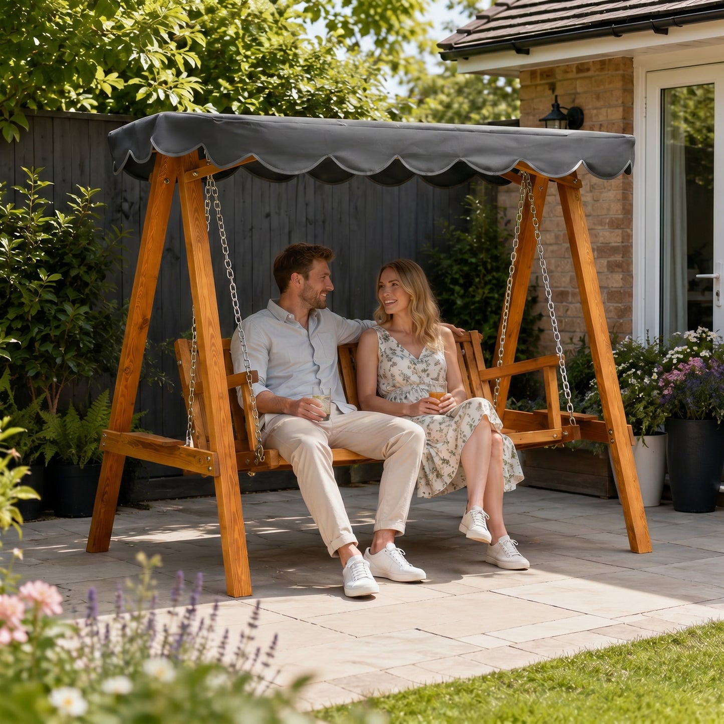 Outsunny 3 Seater Garden Swing Seat with Canopy, Wooden Swing Chair, Outdoor Hammock Bench for Balcony Patio Porch, Dark Grey