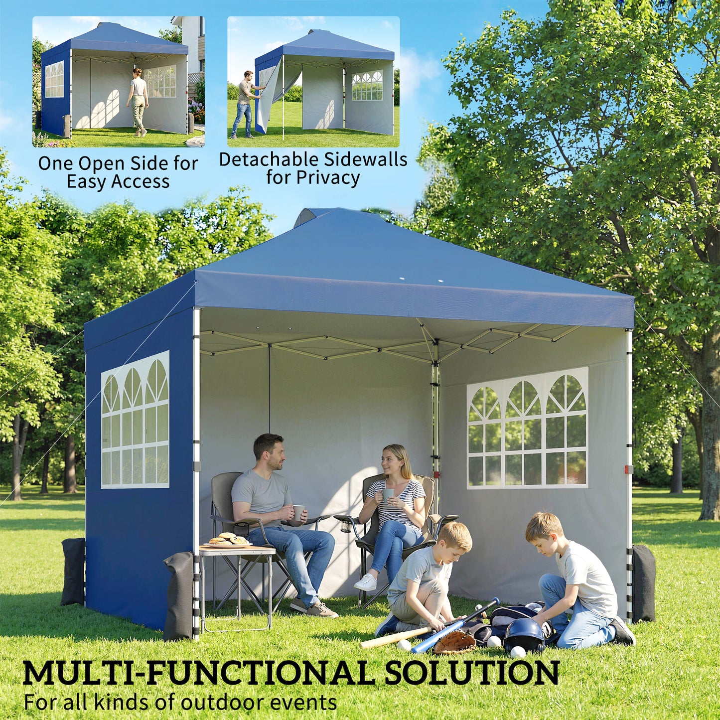 Outsunny Pop Up Gazebo Waterproof Height Adjustable Canopy with 3 Sidewalls Wheeled Bag for Parties 3 x 3 m Dark Blue