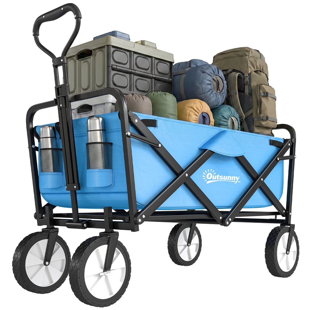 Outsunny 135L Festival Trolley on Wheels, Folding Wagon Camping Trolley Cart with Adjustable Handle, Dual Brakes, Portable Wagon Cart for Outdoor, Garden, Shopping, Fishing, Blue
