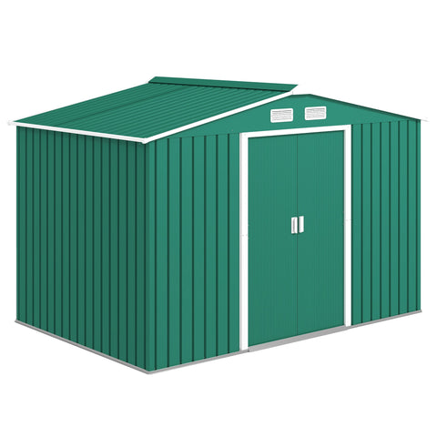 Outsunny 9 x 6ft Metal Garden Shed, Outdoor Storage Tool House with Ventilation Slots, Foundation Kit and Lockable Double Doors, Green