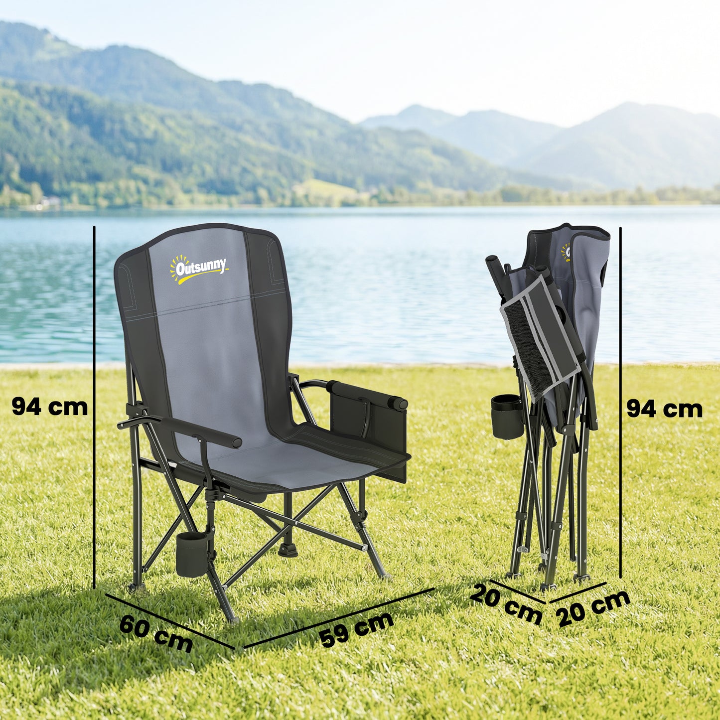 Outsunny Padded Camping Chair Adults Heavy Duty Folding Chair Side Pocket Cup Holder Carry Bag Outdoor Black