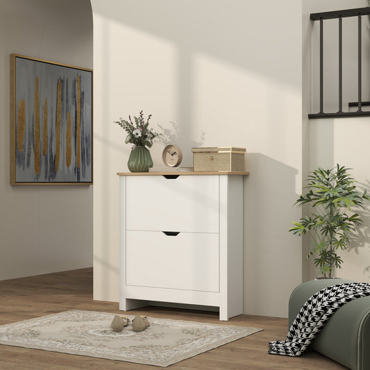 HOMCOM Slim Shoe Cabinet, Narrow Shoe Cupboard with 2 Flip Drawers, Adjustable Shelves for 12 Pairs of Shoes, High Gloss White