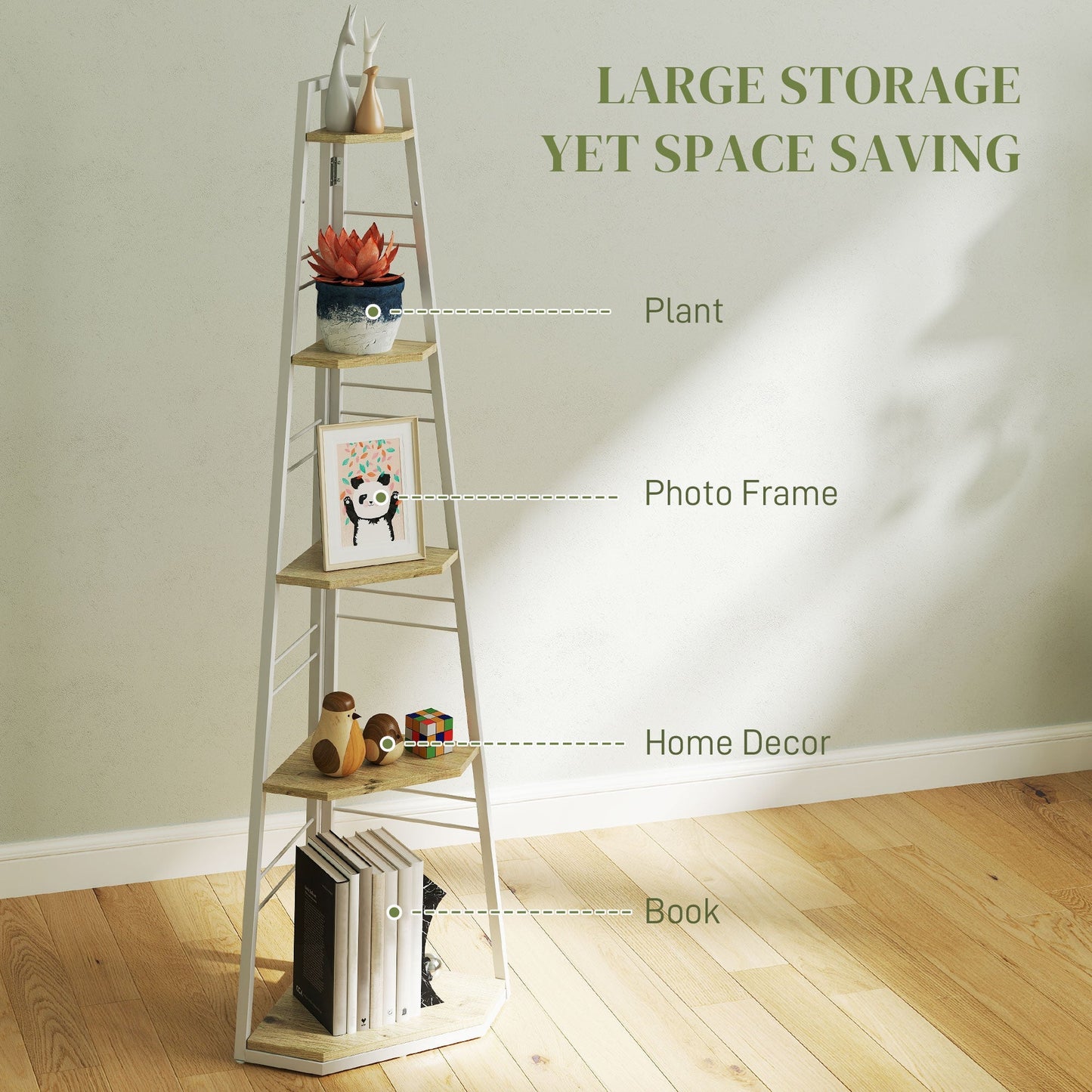 HOMCOM Five-Tier Corner Shelf - White/Wood-Effect