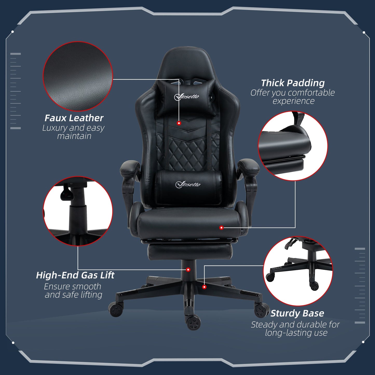 Vinsetto Computer Gaming Chair with Footrest, Video Gaming Chair for Adults with 130¡ Reclining Back, Desk Chair with Lumbar Support and Adjustable Height, Black