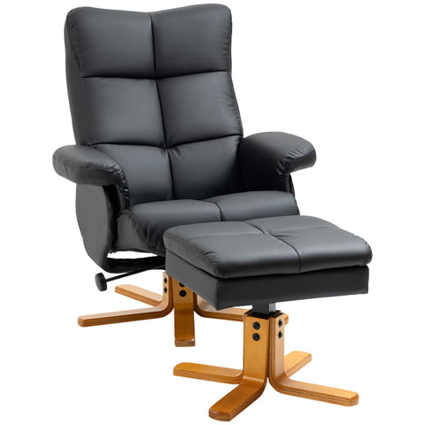 HOMCOM PU Leather Swivel Recliner Chair with Footstool, Wooden Base and Storage for Living Room, Black