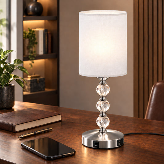 HOMCOM Bedside Lamp, Modern Crystal Decoration Table Lamp w/ PVC shade, USB A+C Charging Ports, Bulb Not Included, Silver Tone