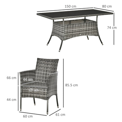 Outsunny 7 Pieces Outdoor PE Rattan Garden Dining Set, Patio Conversation Furniture Set with 6 Cushioned Armchairs and Rectangular Glass Top Table, Grey