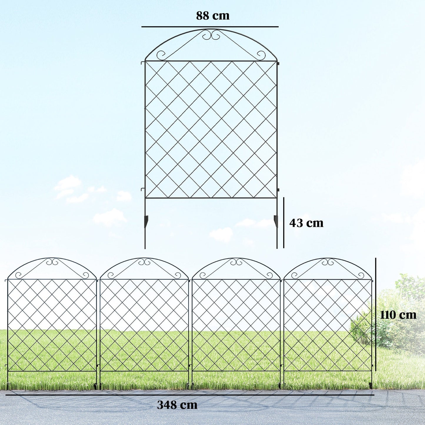 Outsunny Decorative Garden Fencing, 43in x 11.5ft Outdoor Picket Fence Panels, 4PCs Rustproof Metal Wire Landscape Flower Bed Border Edging, Black