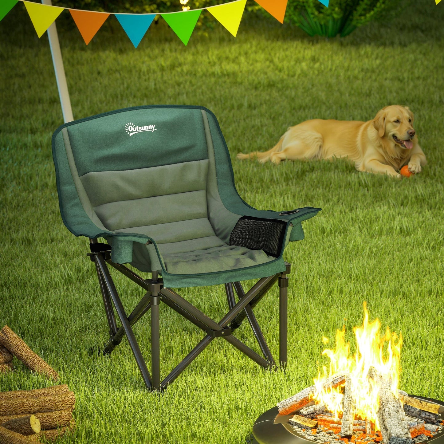 Outsunny Portable Padded Camping Chair, with Bag - Olive Green