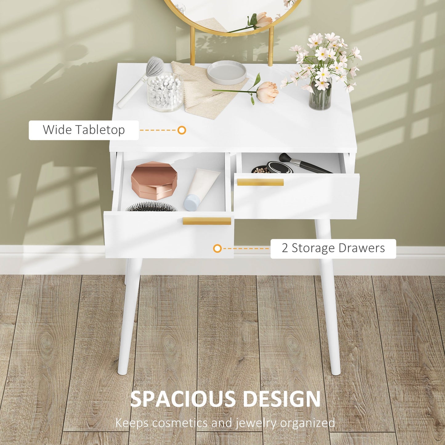 HOMCOM Elegant Dressing Table, with Round Mirror, 60 x 40 x 123 cm - White