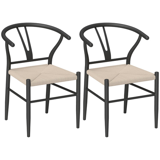 HOMCOM Set of Two Weave Dining Chairs with Y-Shaped Backrest Hemp Seat - Black/Beige