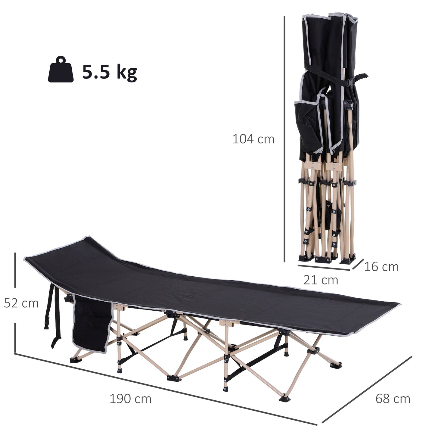 Outsunny Single Person Camping Bed Folding Cot Outdoor Patio Portable Military Sleeping Bed Travel Guest Leisure Fishing with Side Pocket and Carry Bag - Black