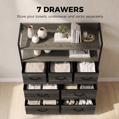 HOMCOM Chest of Drawers, Bedroom Fabric Dresser with 7 Drawers, Storage Organiser Unit with Open Shelves, Grey Wood-Effect