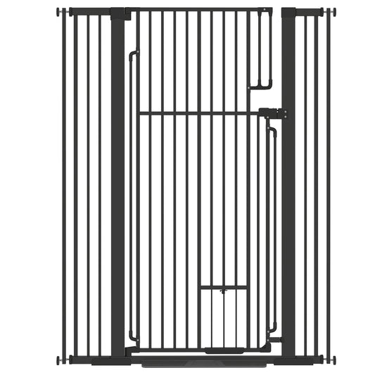 PawHut 135cm Extra Tall Dog Gate with Cat Door, Fits Openings 81-108 cm Pressure Mounted for Doorways, Hallways, No Drilling