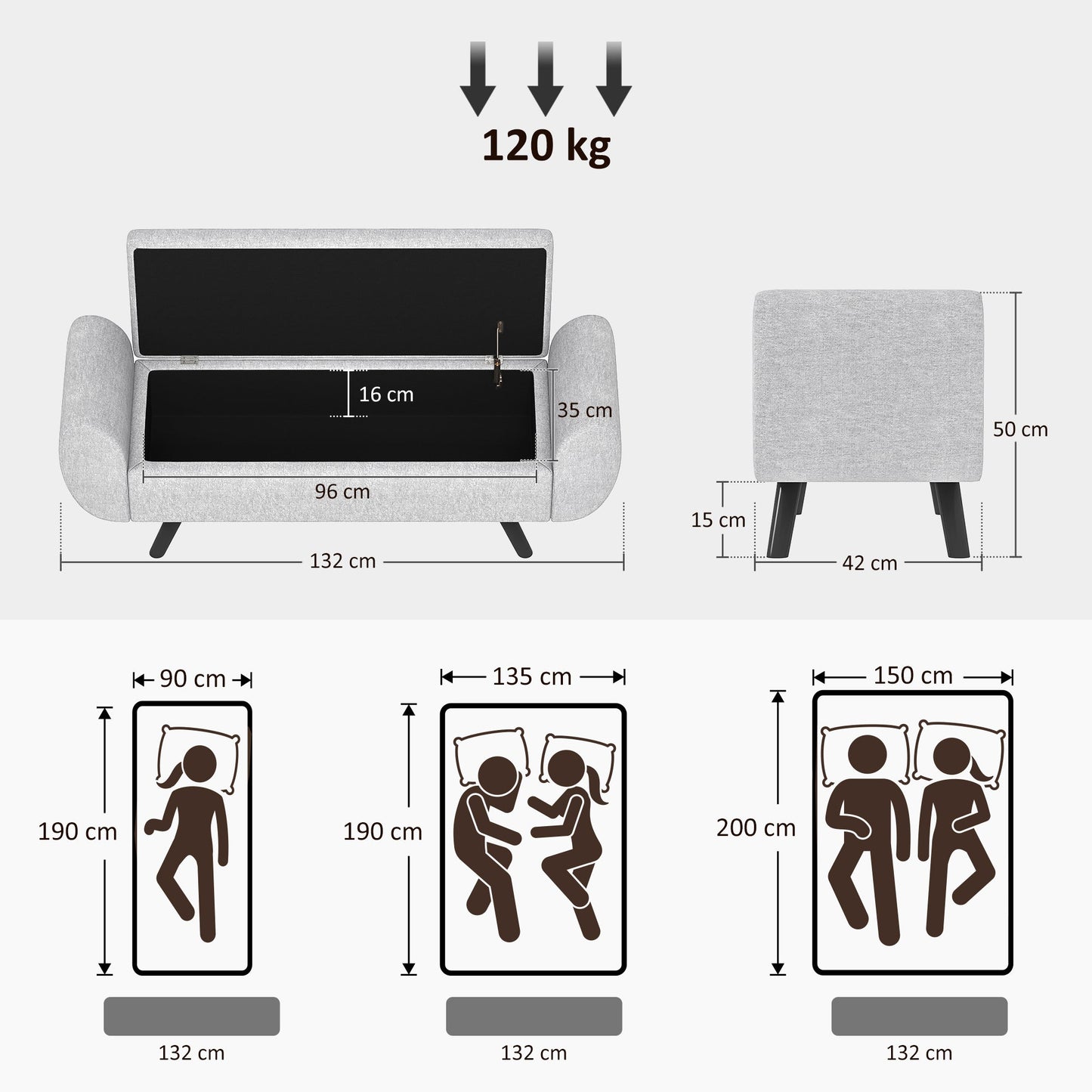HOMCOM Storage Ottoman with Armrest, Upholstered Linen Storage Bench, Window Seat with Rubberwood Legs, Footstool for Bedroom Living Room, Hallway, Light Grey