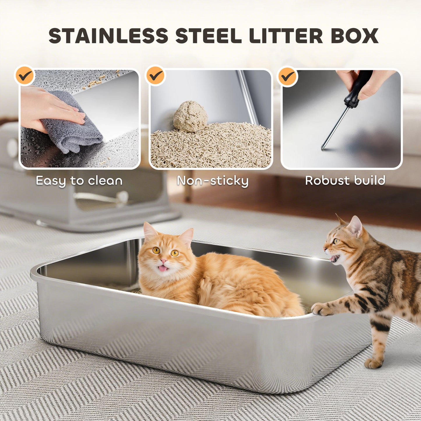 PawHut XXL Stainless Steel Cat Litter Tray, Enclosed Cat Litter Box with 90Â° Flip Cover, Double Doors, Scoop, Easy Clean, Grey