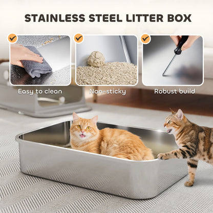 PawHut XXL Stainless Steel Cat Litter Tray, Enclosed Cat Litter Box with 90Â° Flip Cover, Double Doors, Scoop, Easy Clean, Grey