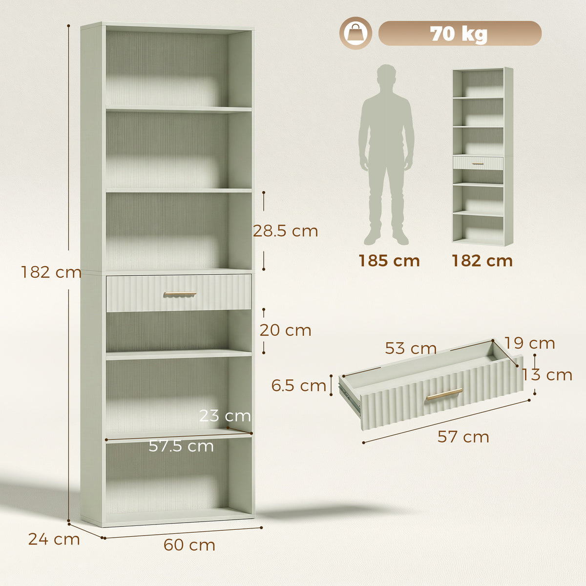 HOMCOM Bookcase Narrow Tall Space-Saving Bookshelf Drawer Open Shelves 60 x 24 x 182 cm Light Green