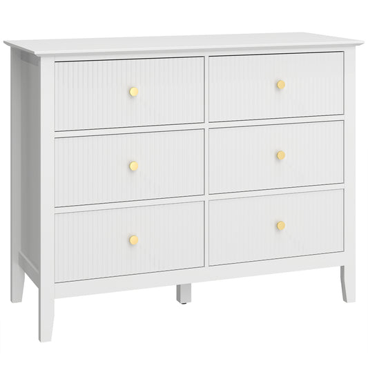 HOMCOM Fluted Dresser, 6 Drawer Chest of Drawers for Bedroom, Living Room, Hallway, Closet, White