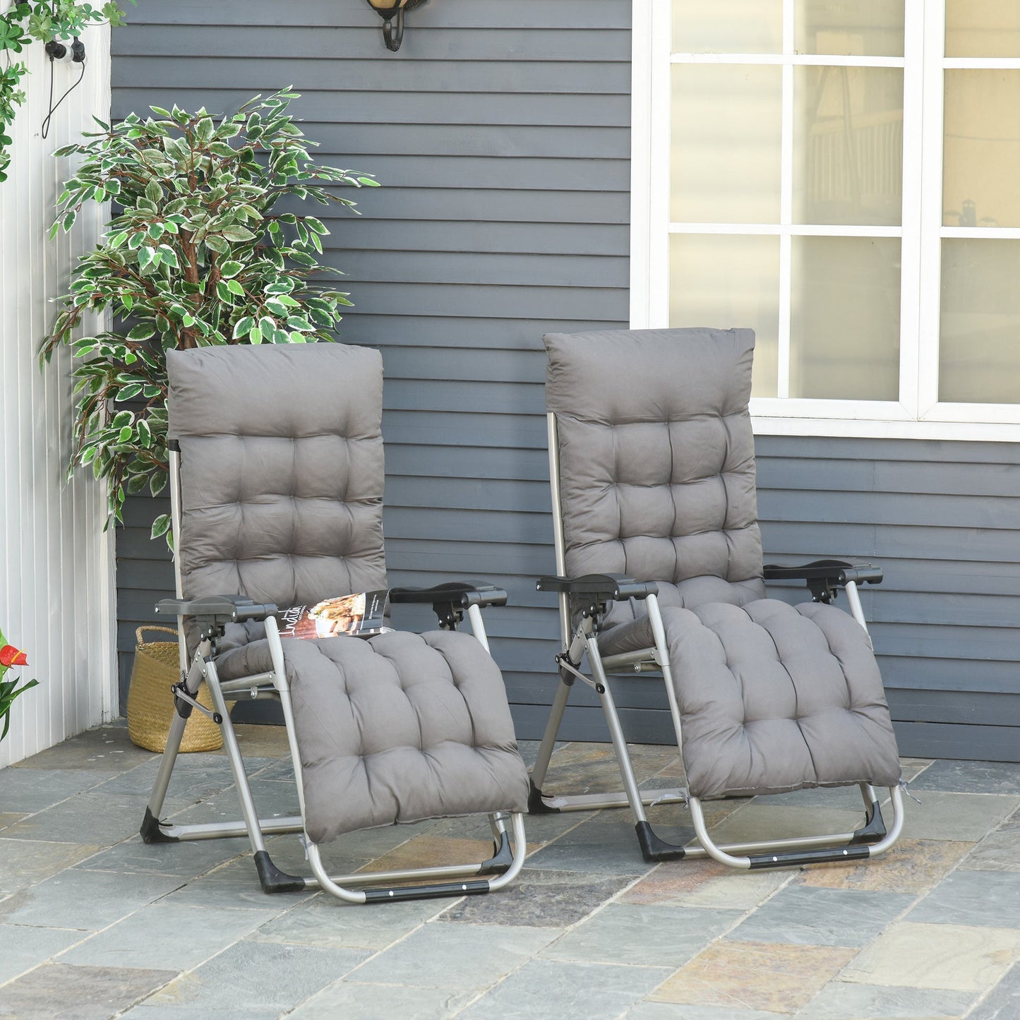 Outsunny 2pc Reclining Zero Gravity Sun Loungers ,Folding Chaise Lounge Chair with Cushions, Dark Grey