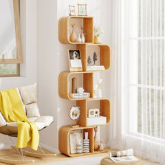2/3/4/5-Tier Set of 2 S-Shaped Bookcase Bamboo Bookshelf with Open Cubes-5-Tier