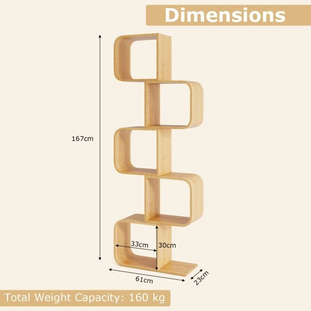 2/3/4/5-Tier Set of 2 S-Shaped Bookcase Bamboo Bookshelf with Open Cubes-5-Tier