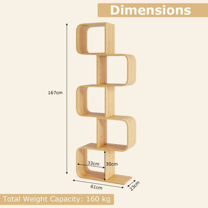 2/3/4/5-Tier Set of 2 S-Shaped Bookcase Bamboo Bookshelf with Open Cubes-5-Tier