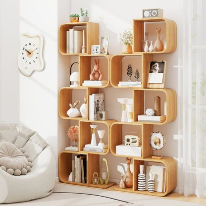 2/3/4/5-Tier Set of 2 S-Shaped Bookcase Bamboo Bookshelf with Open Cubes-5-Tier
