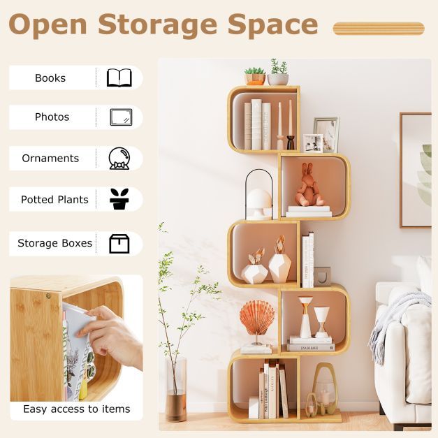 2/3/4/5-Tier Set of 2 S-Shaped Bookcase Bamboo Bookshelf with Open Cubes-5-Tier