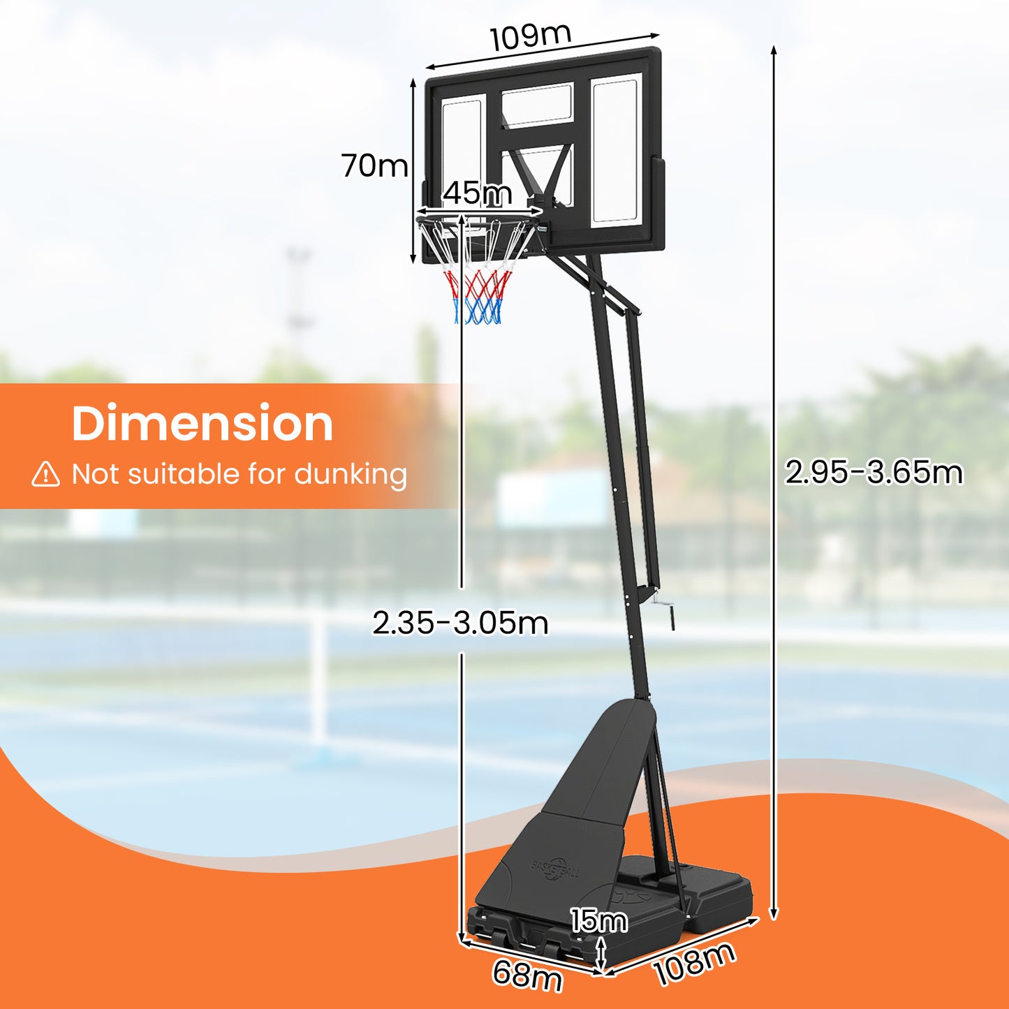 2.35-3.05M Outdoor Basketball Hoop Tool-Free Adjustable with PC Backboard