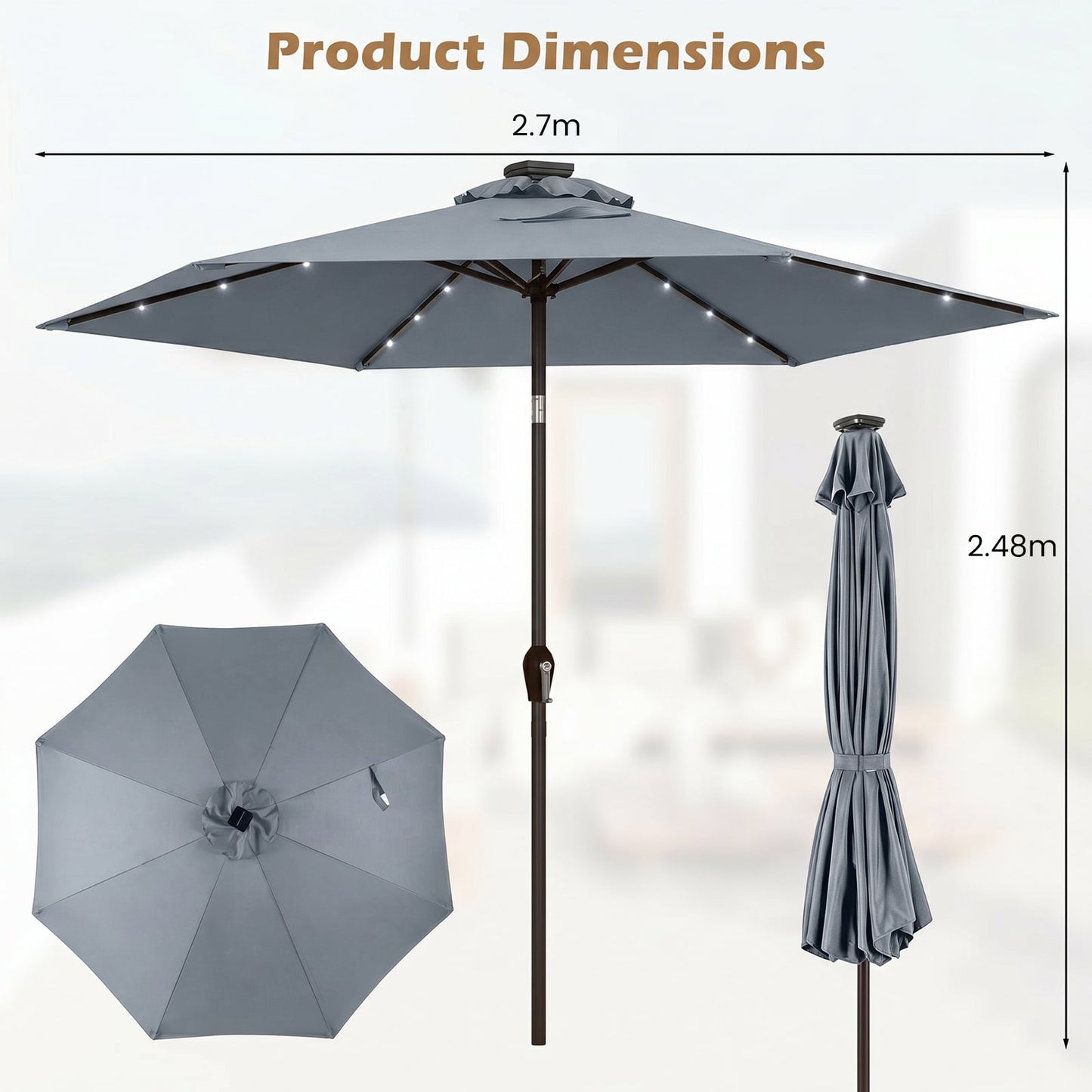 2.7m Garden Parasol with Tilt and Crank Handle-Grey