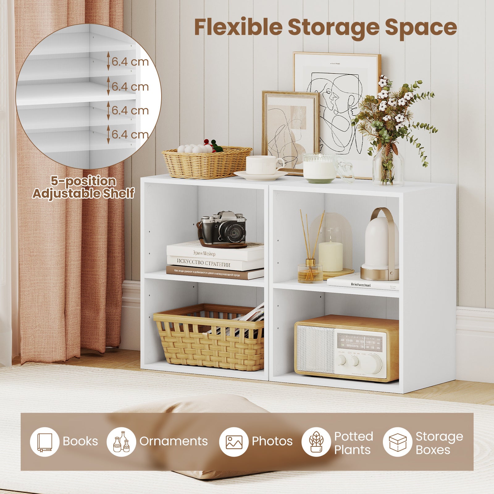2-Cube Bookcase Floor Standing Open Bookshelf with 5-Position Adjustable Shelf-White