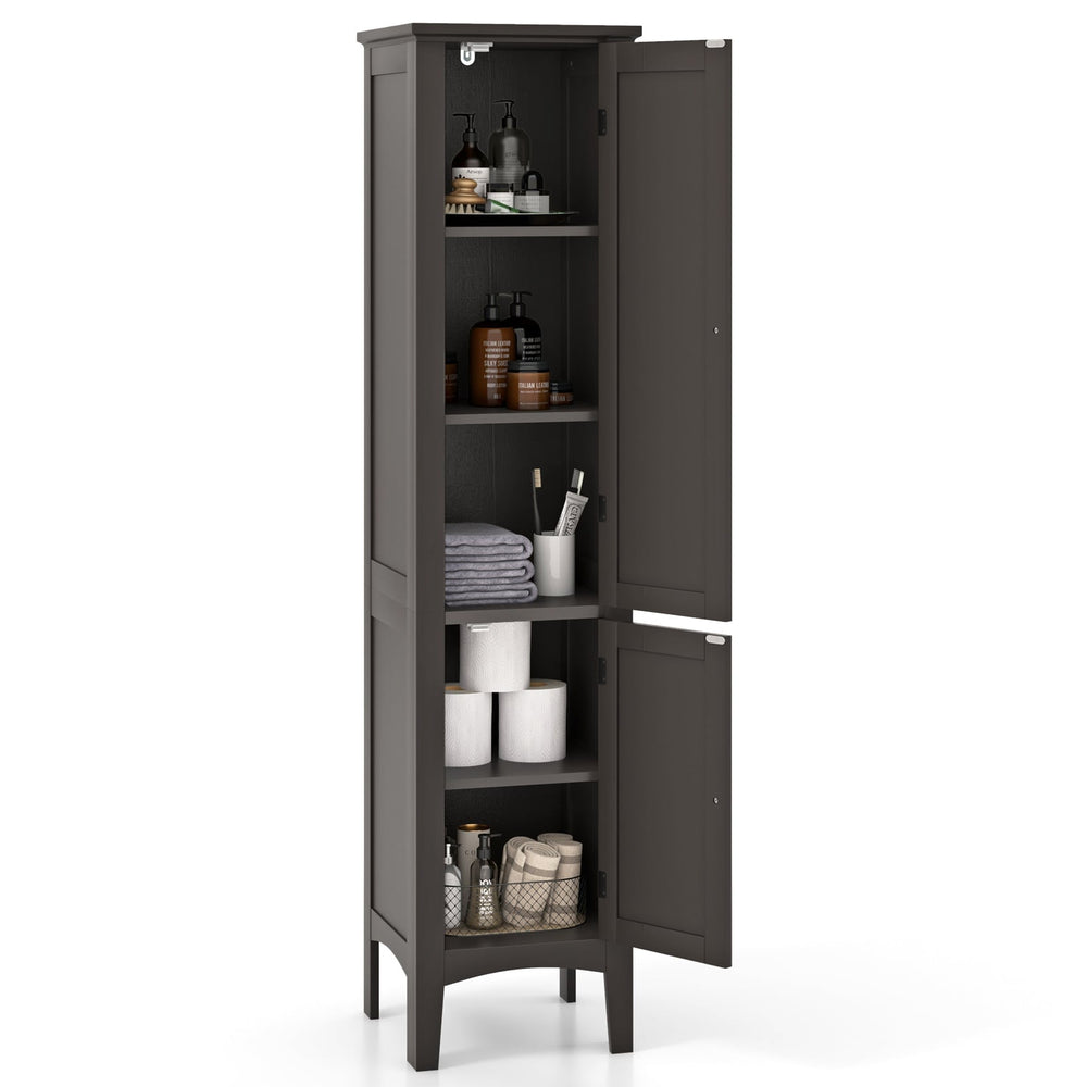 2-Door 160cm High Freestanding Bathroom Cabinet with 5-Tier Shelves-Coffee