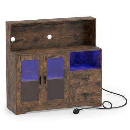 2-Door Wine Bar Cabinet with LED Lights and Charging Station for Kitchen-Rustic Brown