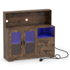 2-Door Wine Bar Cabinet with LED Lights and Charging Station for Kitchen-Rustic Brown