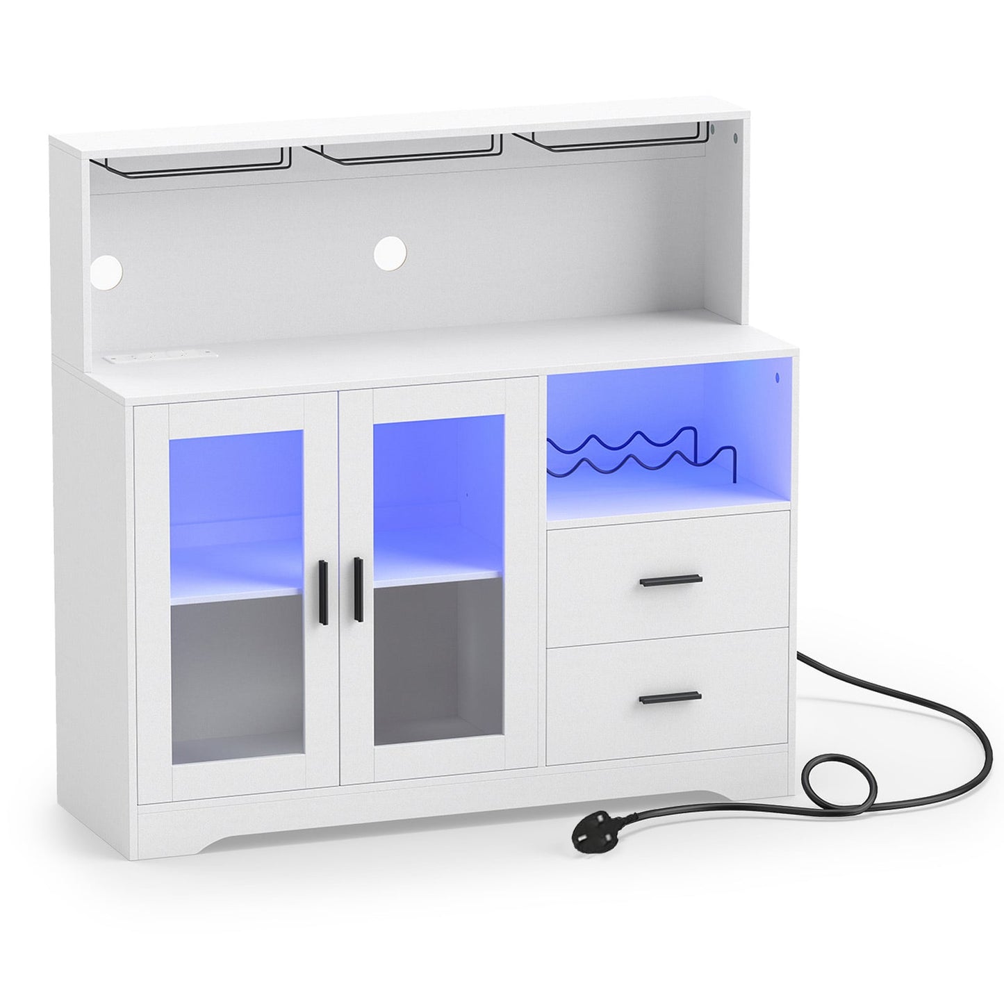 2-Door Wine Bar Cabinet with LED Lights and Charging Station for Kitchen-White