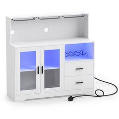 2-Door Wine Bar Cabinet with LED Lights and Charging Station for Kitchen-White