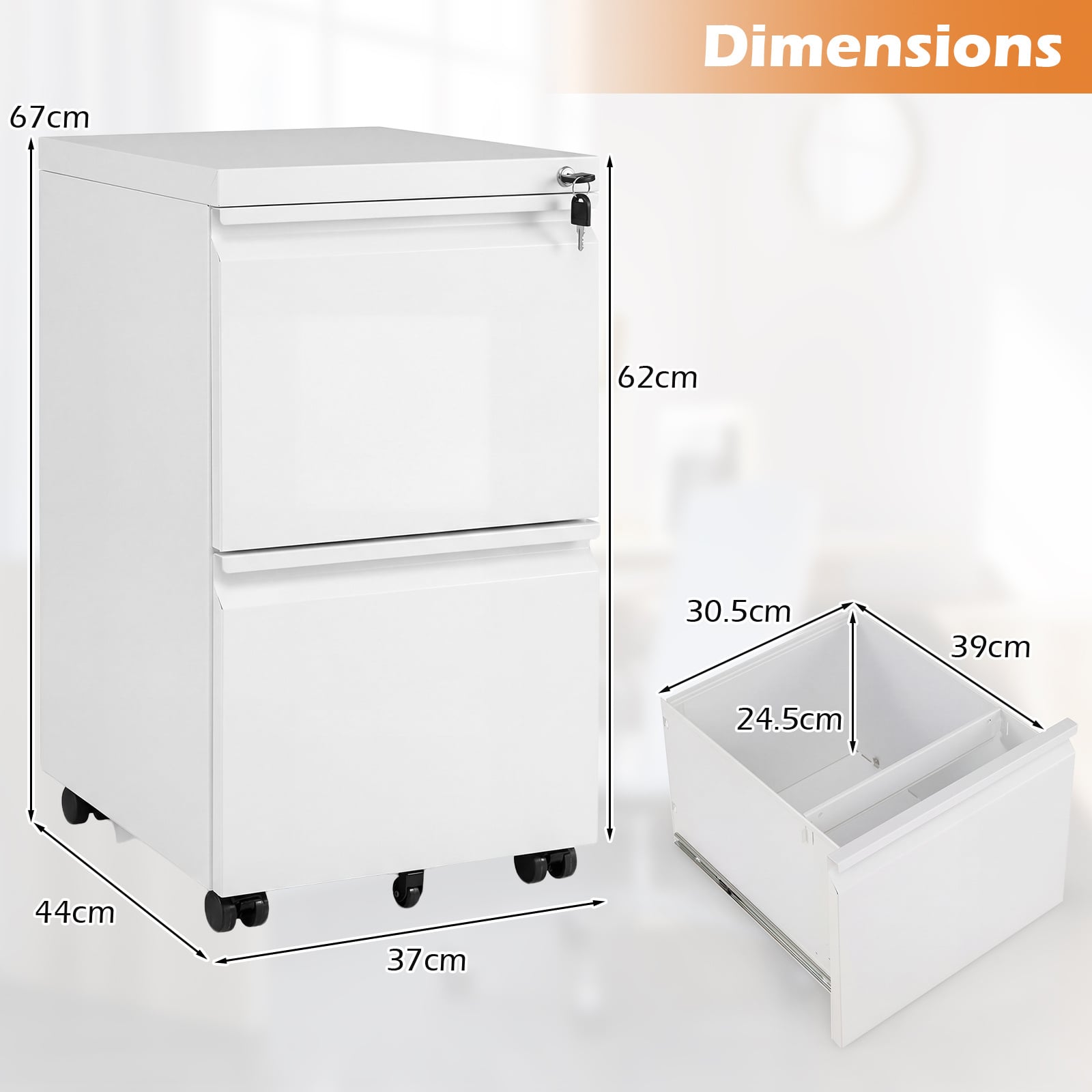 2-Drawer Mobile File Cabinet with 5 Casters and 2 Keys for A4-White
