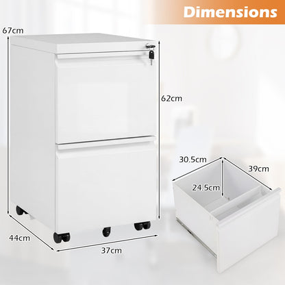 2-Drawer Mobile File Cabinet with 5 Casters and 2 Keys for A4-White