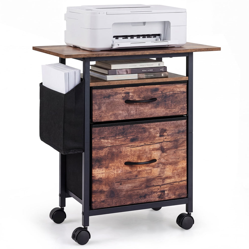 2-Drawer Mobile File Cabinet with Extended Tabletop and Rolling Printer Stand-Brown