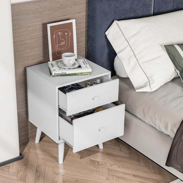 2-Drawer Nightstand Set of 2 with Solid Rubber Wood Legs-White