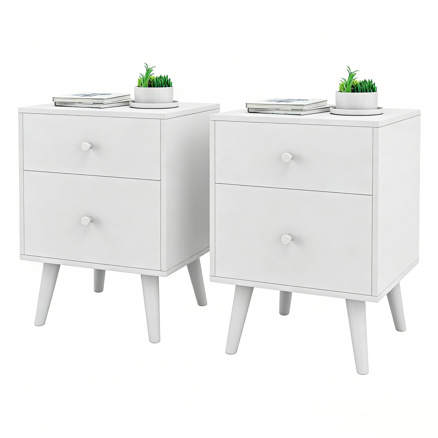 2-Drawer Nightstand Set of 2 with Solid Rubber Wood Legs-White