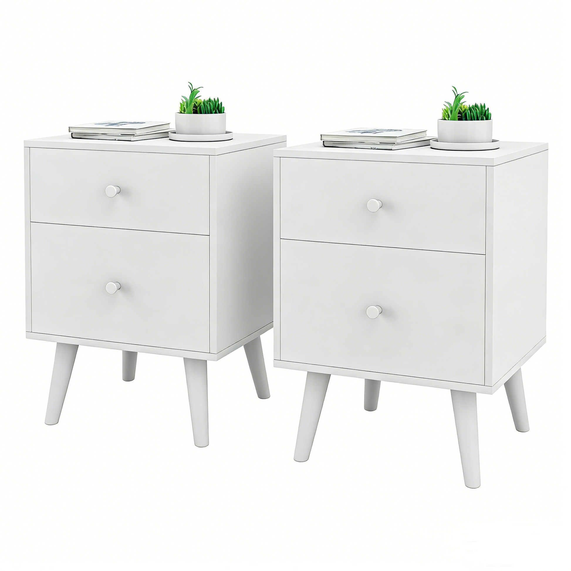 2-Drawer Nightstand Set of 2 with Solid Rubber Wood Legs-White