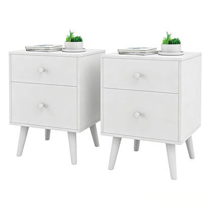 2-Drawer Nightstand Set of 2 with Solid Rubber Wood Legs-White